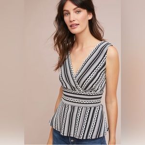 NWT *VANESSA VIRGINIA* by Anthropologie *PEPLUM* Top…Black•White Stripes…Size: S
